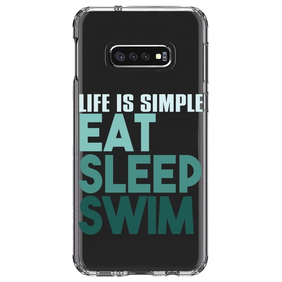 DistinctInk Clear Shockproof Hybrid Case for Samsung Galaxy S10e (5.8" Screen) - TPU Bumper Acrylic Back Tempered Glass Screen Protector - Life Is Simple Eat Sleep Swim