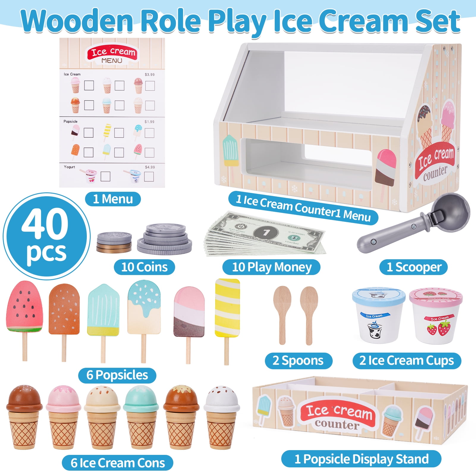 Wooden Ice Cream Counter Playset for Kids, Toddler Girl Toys Kitchen Playset Pretend Play Gifts for 3 4 5 6 Year Old Girl or Boy, Play Food Scoop and Serve, Play Kitchen Sets for Kids Ages 4-8
