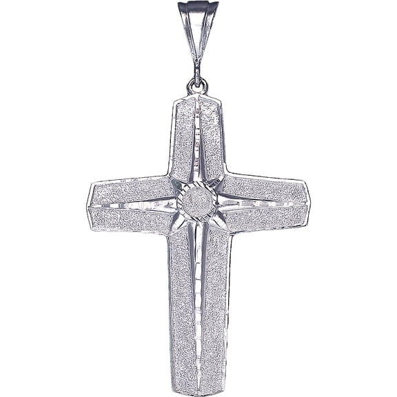 Large Sterling Silver Cross without Jesus Pendant Necklace with Diamond Cuts
