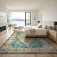 thumbnail image 3 of ODIKA 9'x12' Washable Area Rug Non-Slip, Chair-Friendly Mid Century Geometric Vintage Faded Hallway Teal Oushak Coastalbeach for Dining Room, Basement, Large Office, 3 of 7