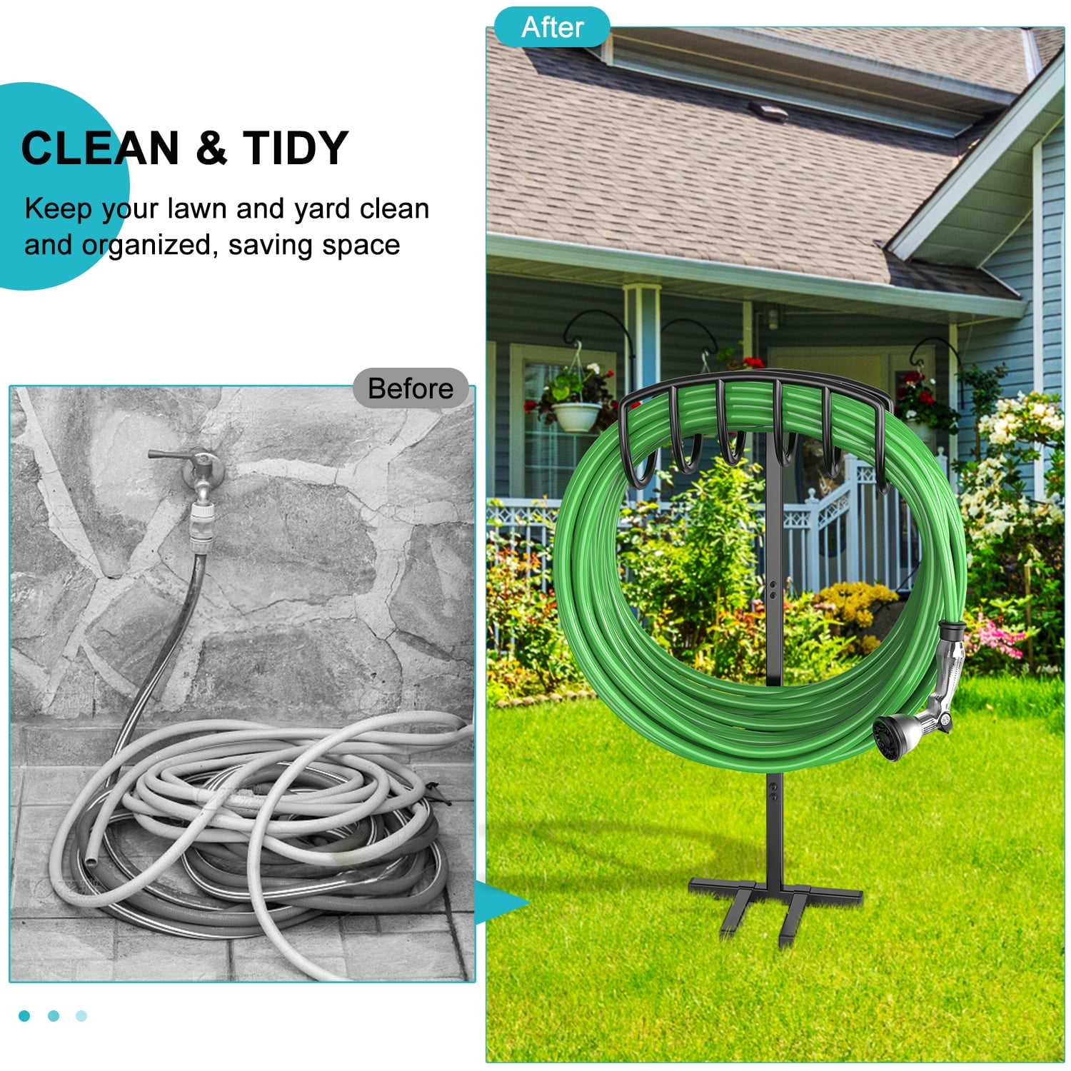 Garden Hose Holder Water Hose Stand Freestanding Metal Hose Hanger, 4-Prongs Base Detachable Heavy Duty Hose Storage Stand for Outdoor
