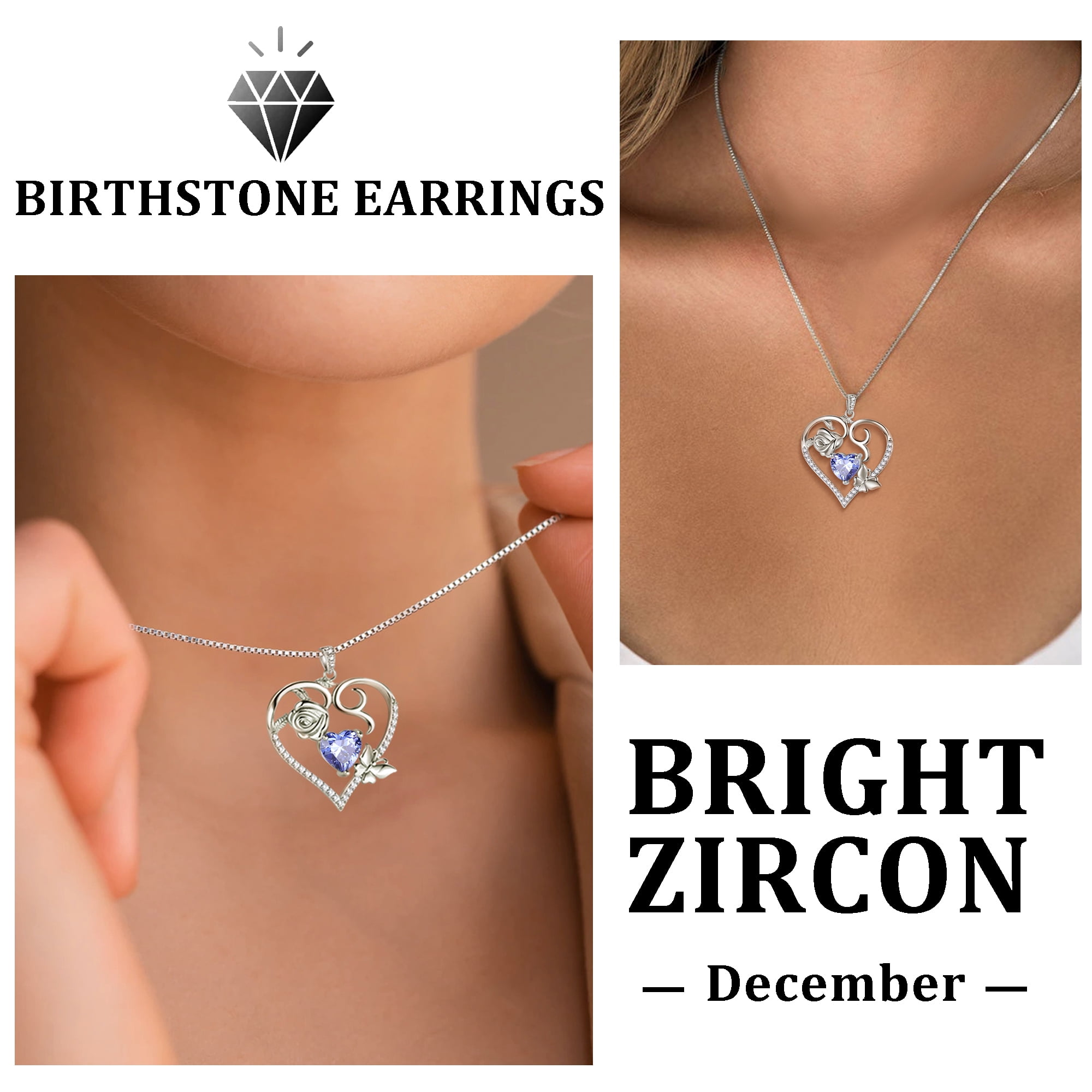 Beautlace 925 Sterling Silver Heart Rose Necklace,Butterfly Flower Cute Animal Pendant Necklace Jewelry Birthday Christmas Valentines Mother's Day Gifts for Women Mom -December