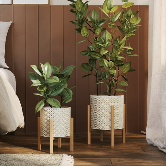 2-Piece Fluted Metal Planter Pot With 4-Leg Wood Base - White & Gold - 14.75"H x 12"W / 12"H x 10"W