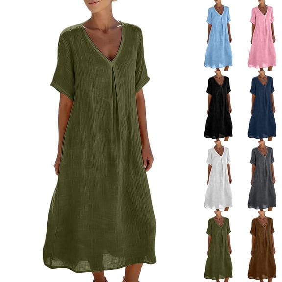 Feancey Womens Cotton Linen Maxi Dress Solid Color V Neck Short Sleeve Loose Casual Dresses Lightweight Breathable Beach Dress with Pockets for Summer Army Green M