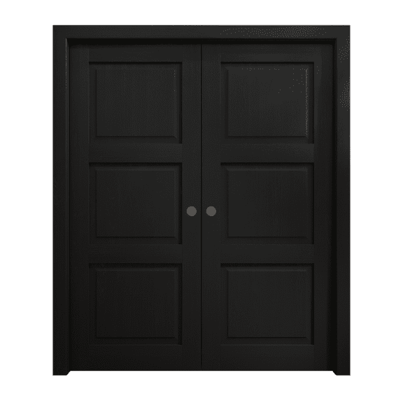 Sliding French Double Pocket Doors 36 x 80 inches | Ego 5010 Painted Black Oak | Kit Rail Hardware | Solid Wood Interior Bedroom Modern Doors