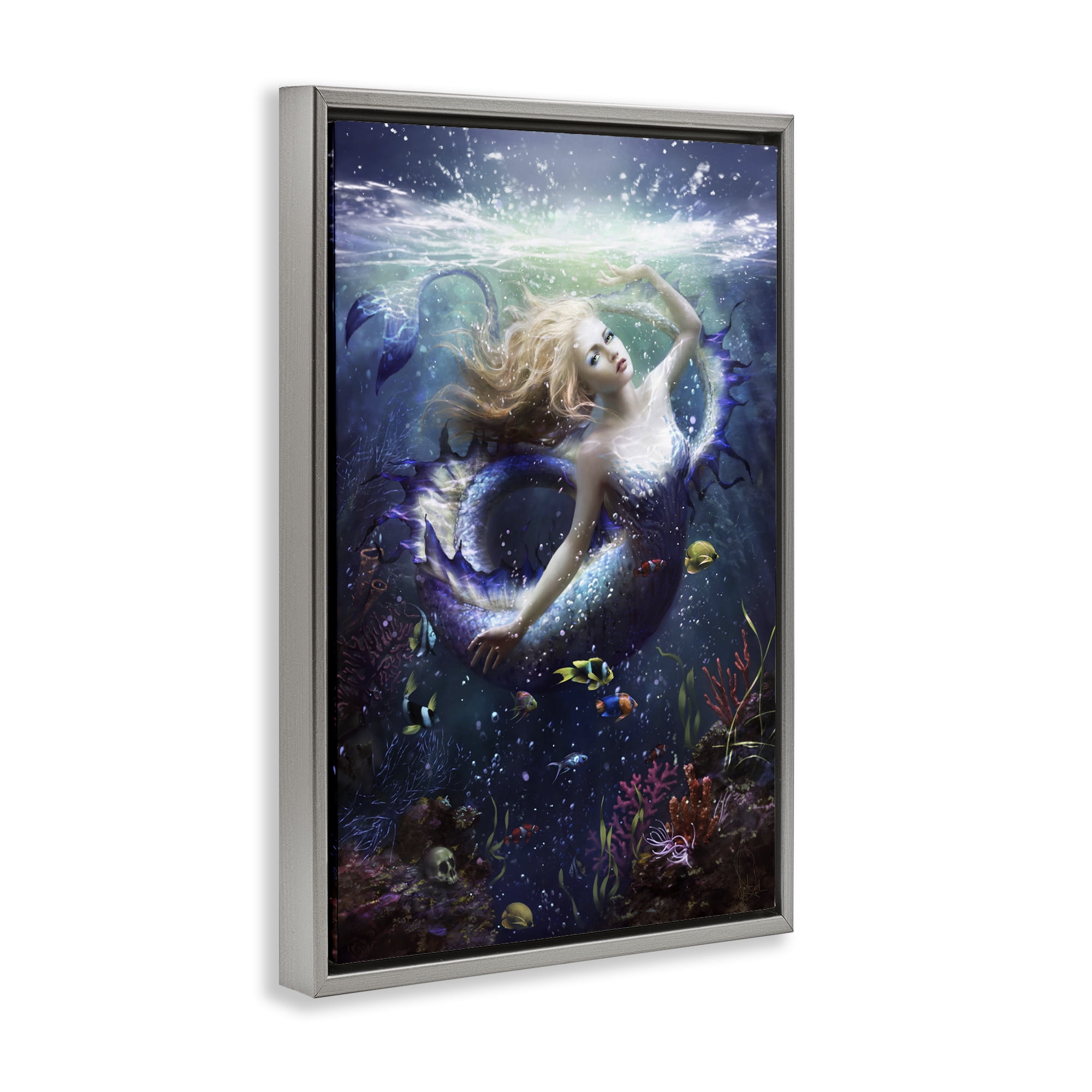 Stupell Industries Deep Sea Mermaid Gray Framed Floater Canvas Wall Art, design by Melanie Delon