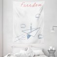 thumbnail image 1 of Adventure Tapestry, Flying Paper Plane in Hand Drawn Sketch Cartoon Style Freedom Text Clouds, Wall Hanging for Bedroom Living Room Dorm Decor, 60W X 80L Inches, Bluegrey Red White, by Ambesonne, 1 of 2