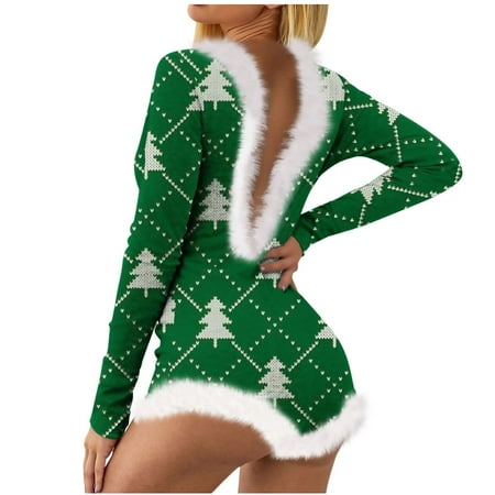

Dadaria Plus Size Pajamas for Women Christmas Not Positioned Print V-neck Backless Feather Detail Long Sleeve Bodysuit Lingerie Pajamas Green XXL Women