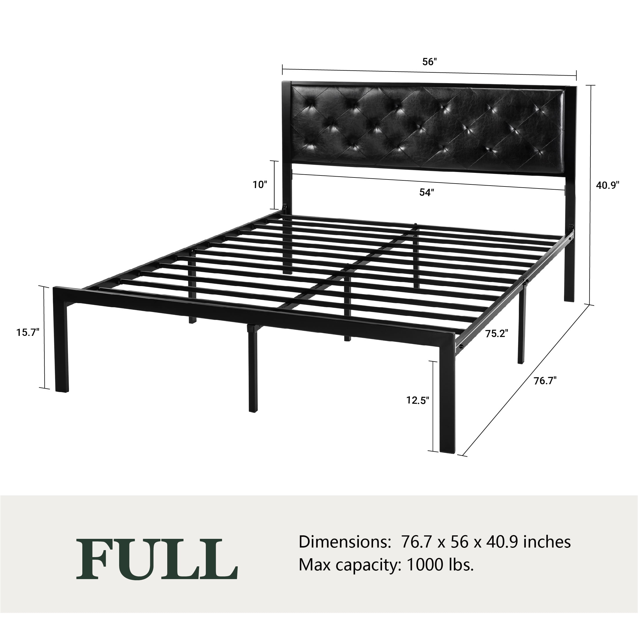Amolife Full Size Metal Bed Frame with Faux Leather Headboard, Black