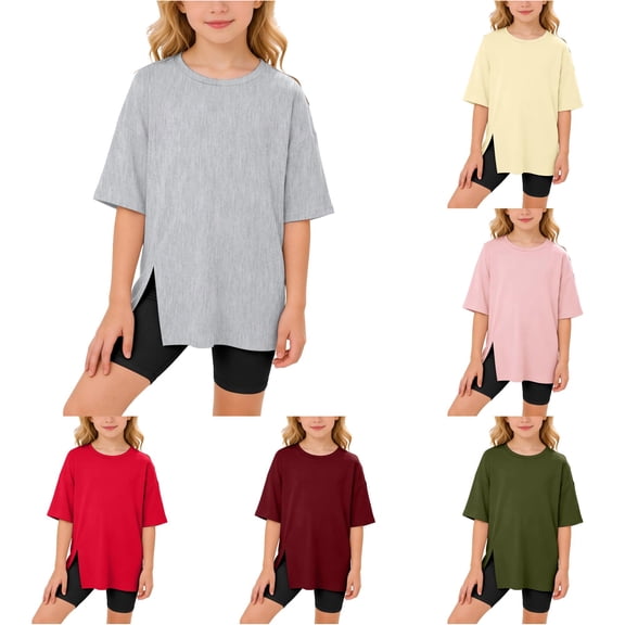 WAYUTE Shirts for Girls Plus Size Split Hem Short Sleeve T Shirt Casual Round Neck Solid Color Blouse Soft Tee for Kids Toddler,Grey,Size 8 Y-9 Y