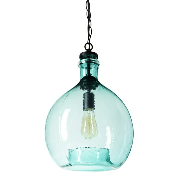 CASAMOTION Wavy Hammered Hand Blown Glass Pendant Light, Teal, 13"
