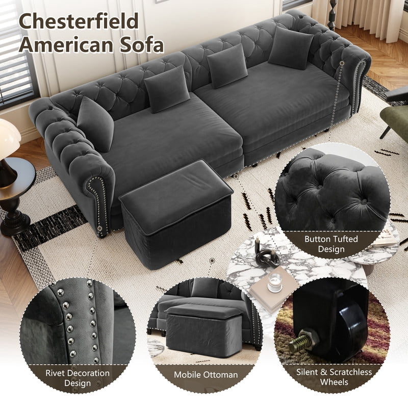 3-in-1 Pull-Out Sofa Bed, 89'' Chesterfield Sofa, Convertible Sleeper Sofa Bed, King Size Sofa Bed, Chaise Lounge, Tufted Design Velvet 3-Seater Sofa with Movable Ottoman