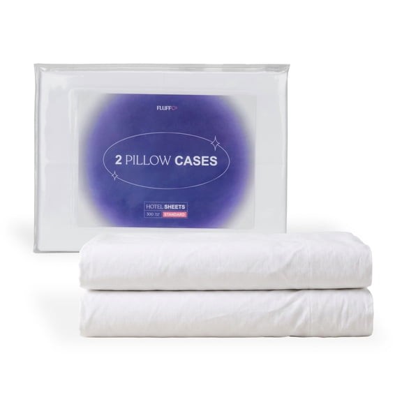 FluffCo Combed Cotton Sateen Pillowcases, 300 Thread Count, White, 2-Pack
