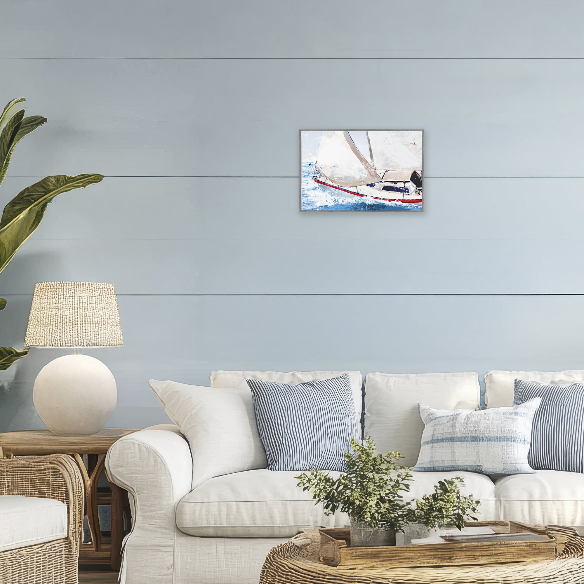 Stupell Industries Sailboat Racing Through Blue Waves Gray Framed Giclee Art, design by Porter Hastings