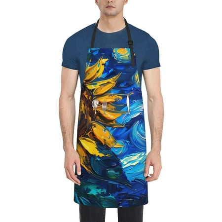 

Tebeau Sunflower Starry Night Vibes Print Waterproof Cooking Aprons Adjustable Bib Soft Chef Apron with 2 Pockets for Men Women