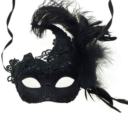 Attitude Studio Gothic Venetian Half Mask with Black Embroidery Trims & Feather