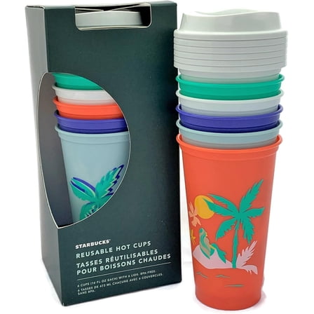 Starbucks Reusable Hot Cup Tropical Collection (Pack Of 6 Cups With Lids) 16 Oz