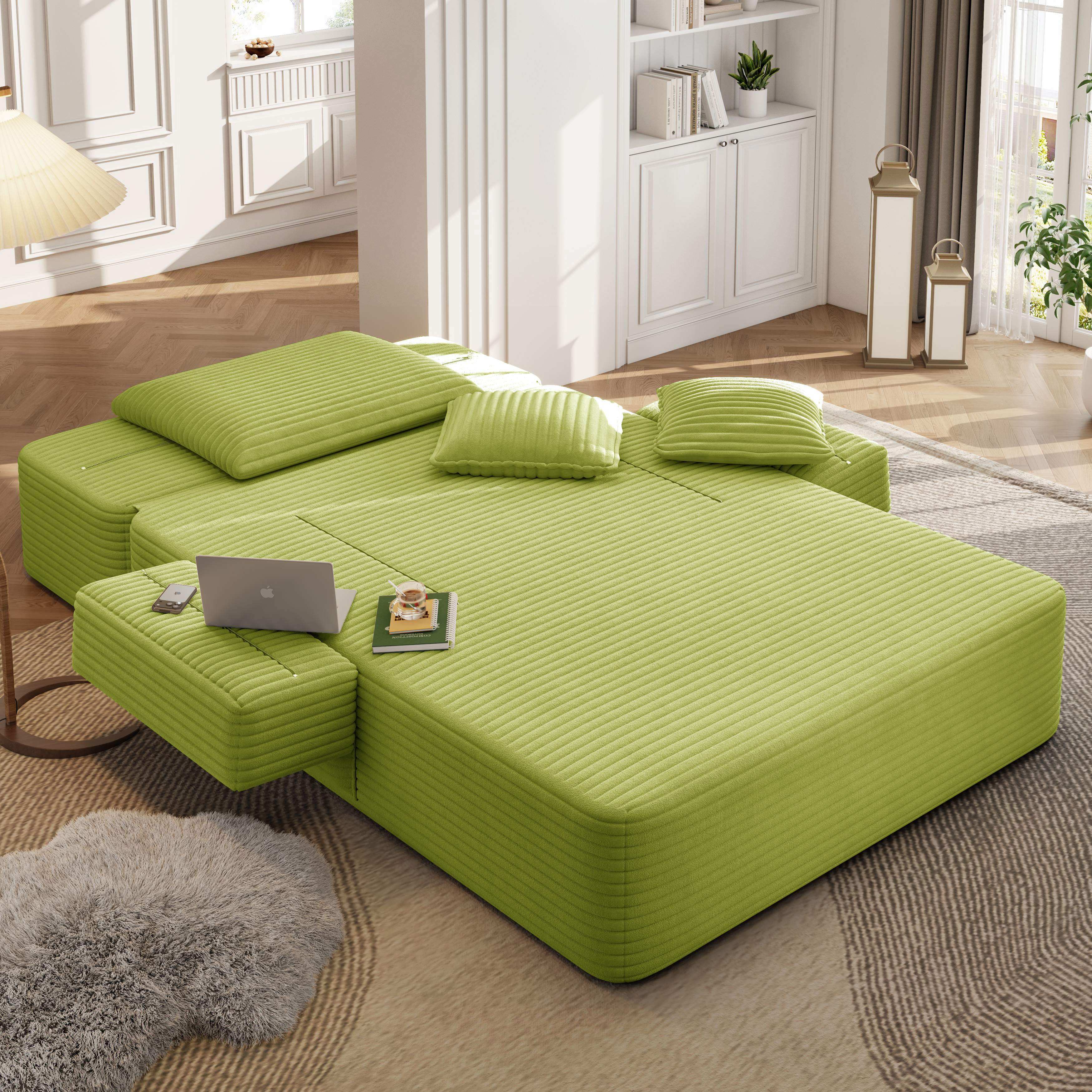 Alvantor Oversized Corduroy Convertible Chaise Lounge Sofa Bed, Green
