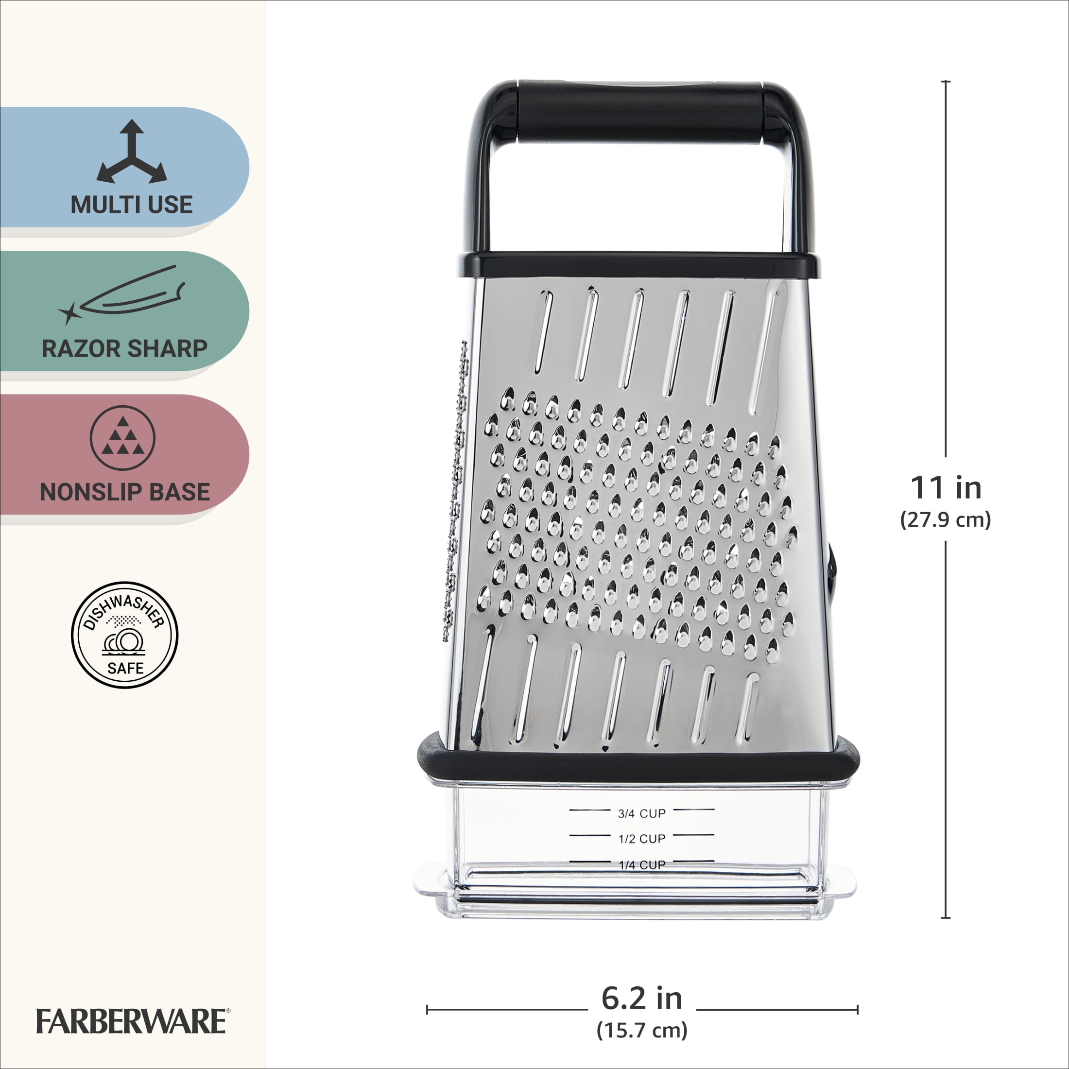 Farberware Professional Stainless Steel Slim Box Grater with 4 Blades and Container