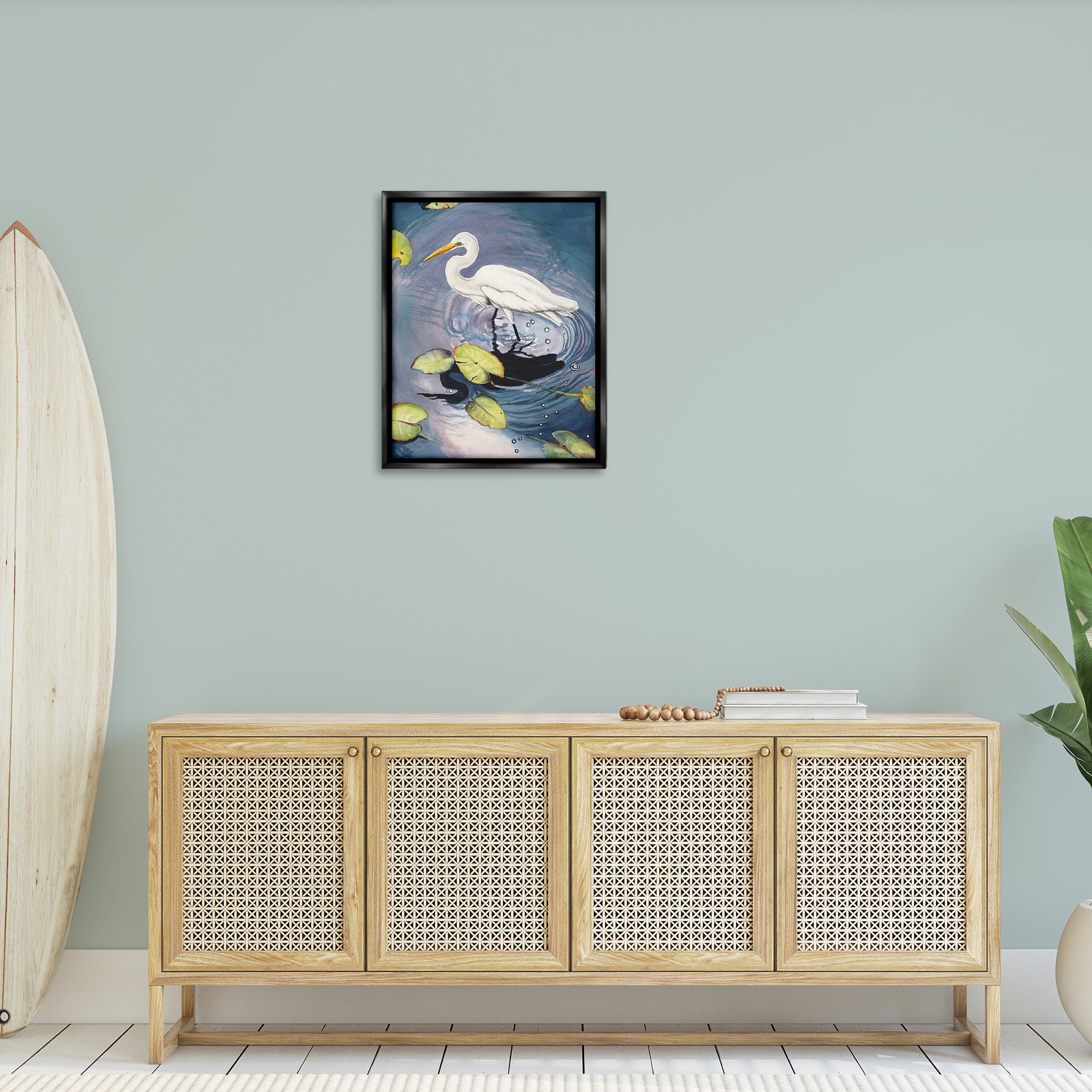 Stupell Industries Heron with Pond Ripples Animals & Insects Painting Black Floater Framed Canvas Art Print Wall Art, 25 x 31
