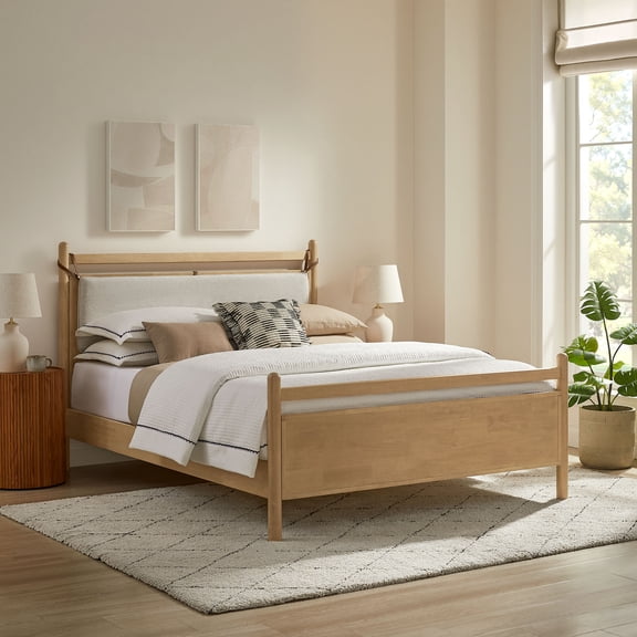 Leni Queen Size Wood Platform Bed Frame in Light Oak Heathered Ivory