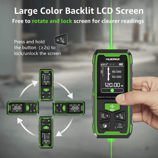 Huepar 393Ft Dual Green Laser Distance Measure, Rechargeable Digital Tool, LCD Backlit, 6 Units (Ft/In/M), Length/Area/Volume/Angle Sensor