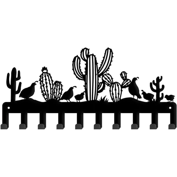 Llavero de metal con forma de cactus, decorativo, de codorniz, con 10 ganchos, organizador de pared de cactus negro, colgador de llaves, colgador para correa de perro, decoración de pared de cocina