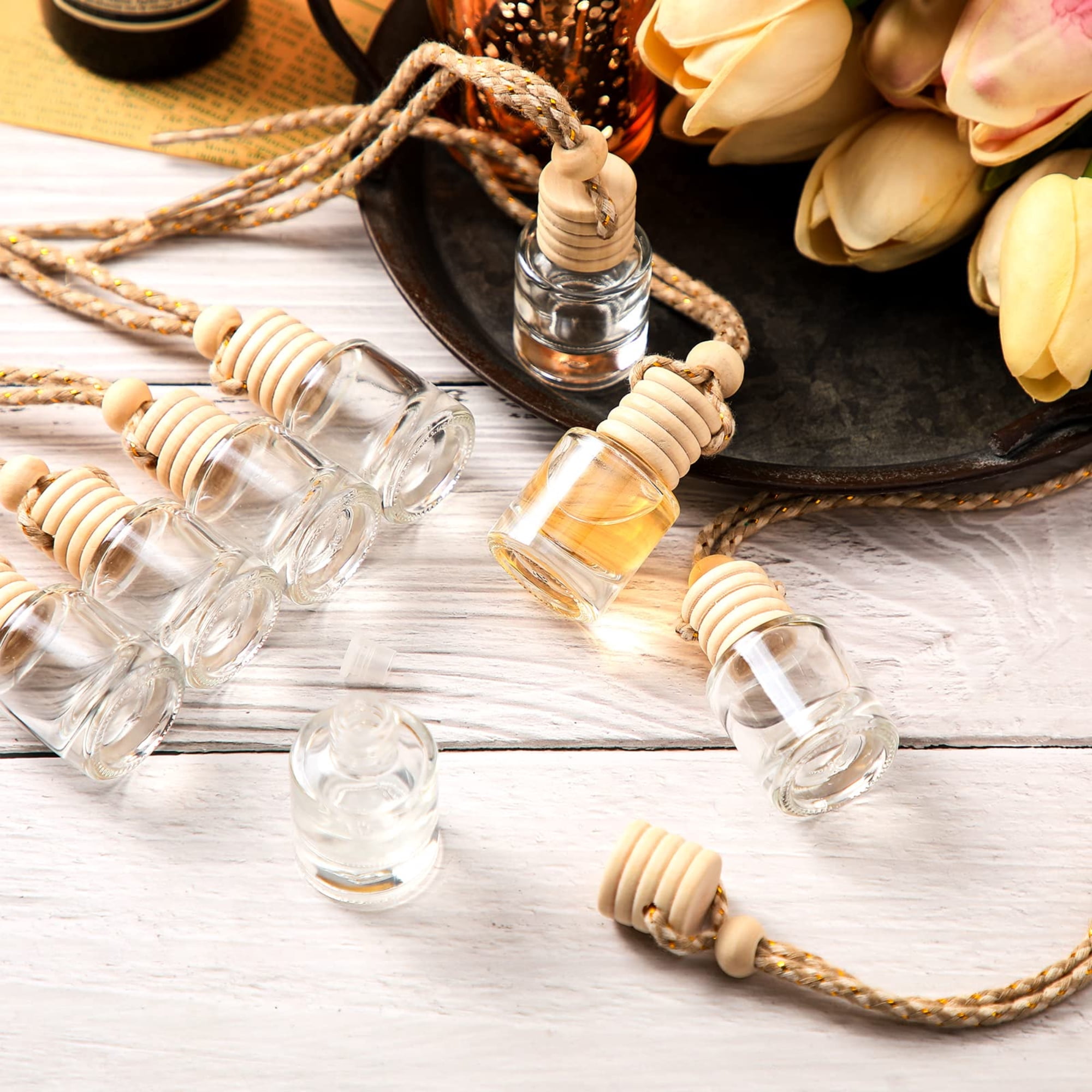 50 Pcs Car Air Fresheners Diffuser with Wooden Cap Empty Aromatherapy Diffuser Clear Fragrance Holder Pendant Hanging Perfume Fresheners Bottles for Car Decor