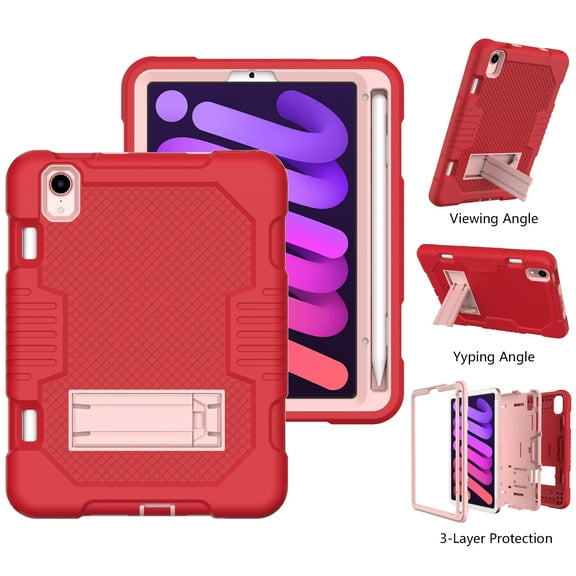 3-in-1 Case for Apple iPad Mini 2021 (8.3 Inch, 6th Generation) Tablet - Silicone/Plastic Composite Case, Shockproof Drop Proof Rugged Cover, Built-in Pencil Holder Kickstand Hard Shell (Red)