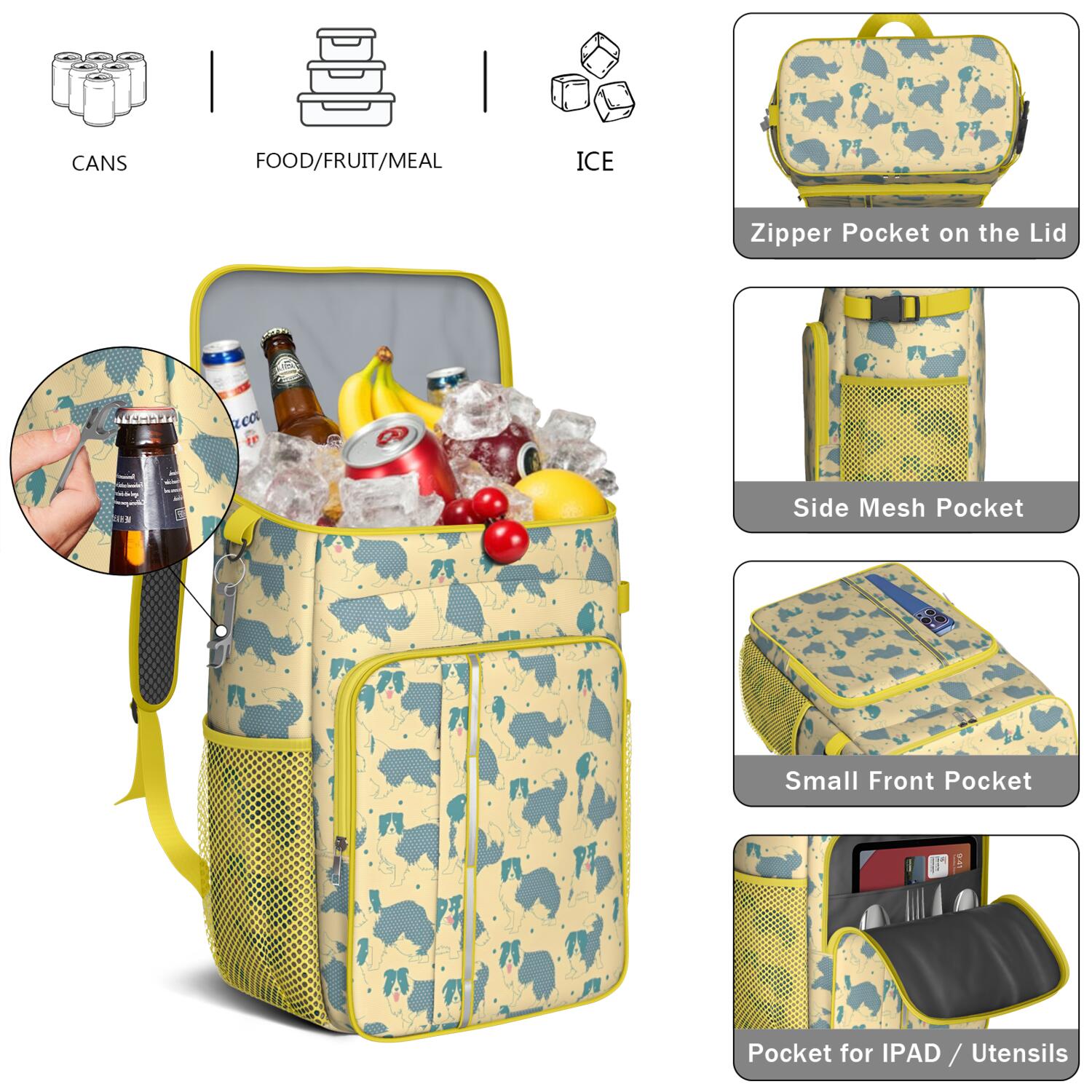 Travel Cooler Bag - Border Collie Camping Beer Cooler Backpack with Bottle Opener- Waterproof Insulated Picnic Backpacks - Cooler Bag for Beach