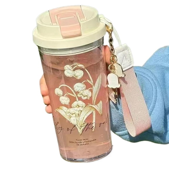 SXCRFKXH 600ml Lily Patterned Clear Travel Coffee Cup Travel Daily Use Cup Bpa Free, Leak-Proof, with Straw Portable Mug