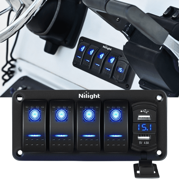 4 Gang IP68 Waterproof Boat Rocker Switch Panel DC 12/24V LED Digital Voltmeter & Dual USB Fast Charging Pre-Wired Toggle Switch Panel Night Glow Stickers for RV Car Marine Boat Truck (Blue)