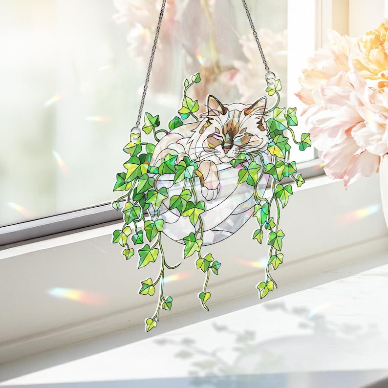Birman Cat Hologram Ornament: Sleeping Cat in Ivy Acrylic Window Hanging
