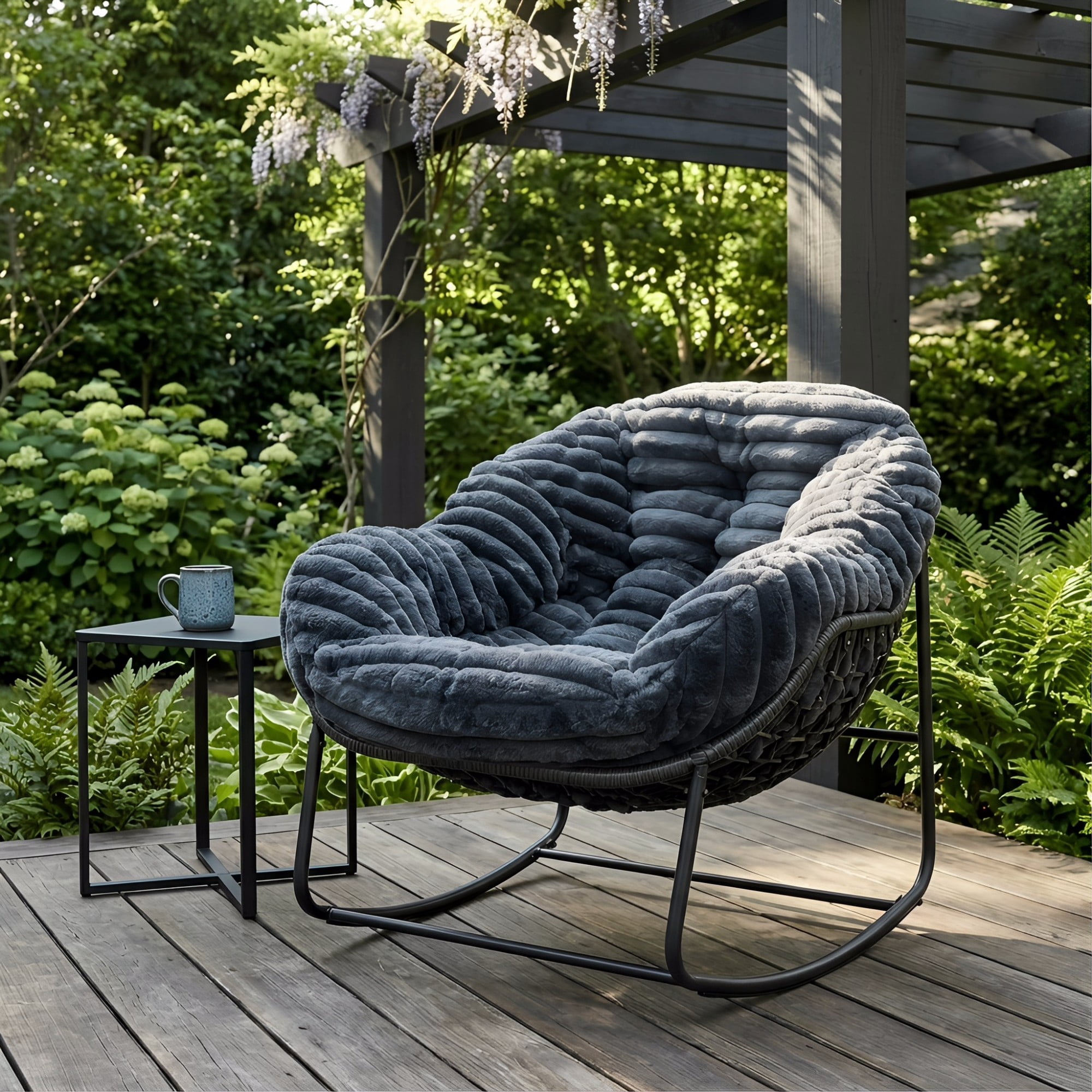 Outdoor Papasan Rocking Chair, Oversized Egg Chair with Cushion, Wicker Rattan Patio Rocker, Indoor Outdoor Lounge Chair for Porch Garden Living Room, Dark Gray