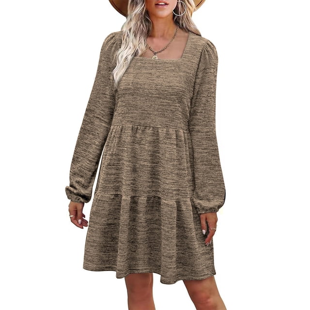 Vestido de Manga Larga Cuello Cuadrado Color Puro Diseño Escalonado Manga Puff Mujer Vestido Túnica de Verano para Fiesta Oficina Café XL