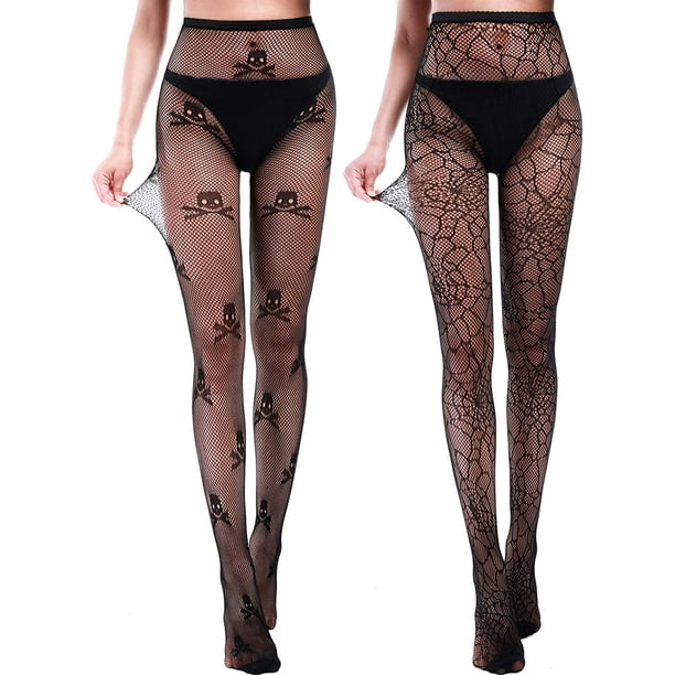 Halloween Fishnet Tights Pantyhose Stockings Spider Web Skull Tights, 2  Pairs 