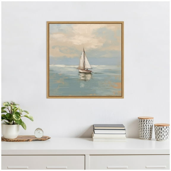 Kate and Laurel Calm Pastel Sailboat Landscape Framed Canvas Wall Art by The Creative Bunch Studio 22 x 22 Sylvie Natural, Coastal, Beach, Landscapes Art for Wall Decor, Living Room, Bedroom