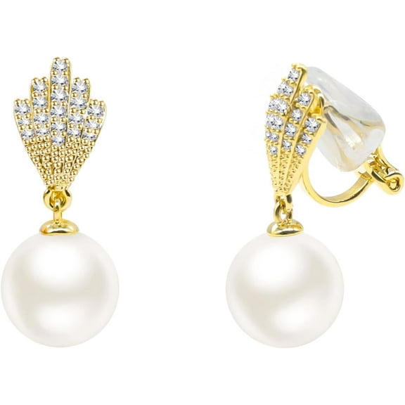 Pearl Clip On Earrings, Pearl Dangle Earrings for Women Non Pierced, Dainty 14K Gold Plated Shell Earrings Hypoallergenic Clip On Earrings Trendy Cubic Zirconia Jewelry