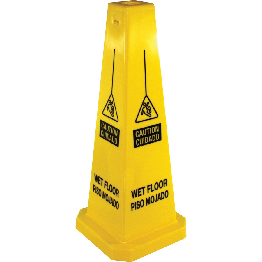 Genuine Joe Bright 4-sided Caution Safety Cone - 5 / Carton - 10" Width X 24" Height - Cone Shape - Stackable, Four Sided - Polypropylene - Yellow