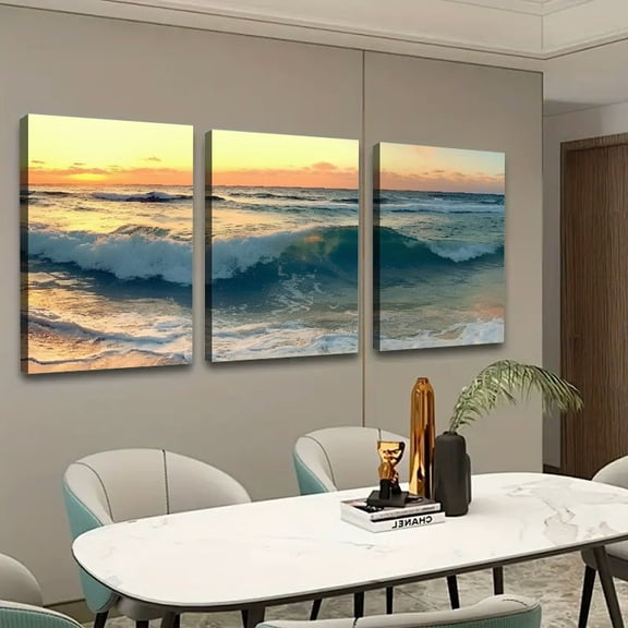 Shadudu Sunset Waves Beach Canvas Wall Art 3-Piece Large Size Unframed Print On Canvas Set 16x24 Inches - Elegant Home and Office Decor 16x24x3pcs