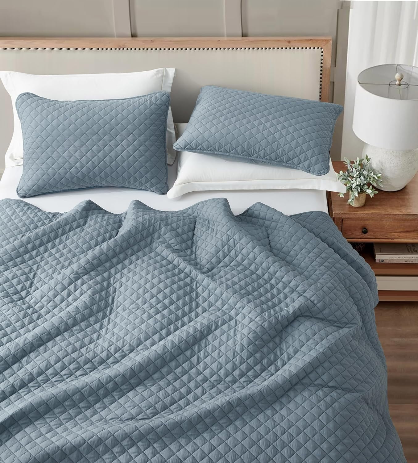 Chezmoi Collection Teo 3-Piece Dusty Blue Queen Size Quilt Set - Diamond Stitched Lightweight Microfiber Bedspread Set Bedspread Set for All Seasons