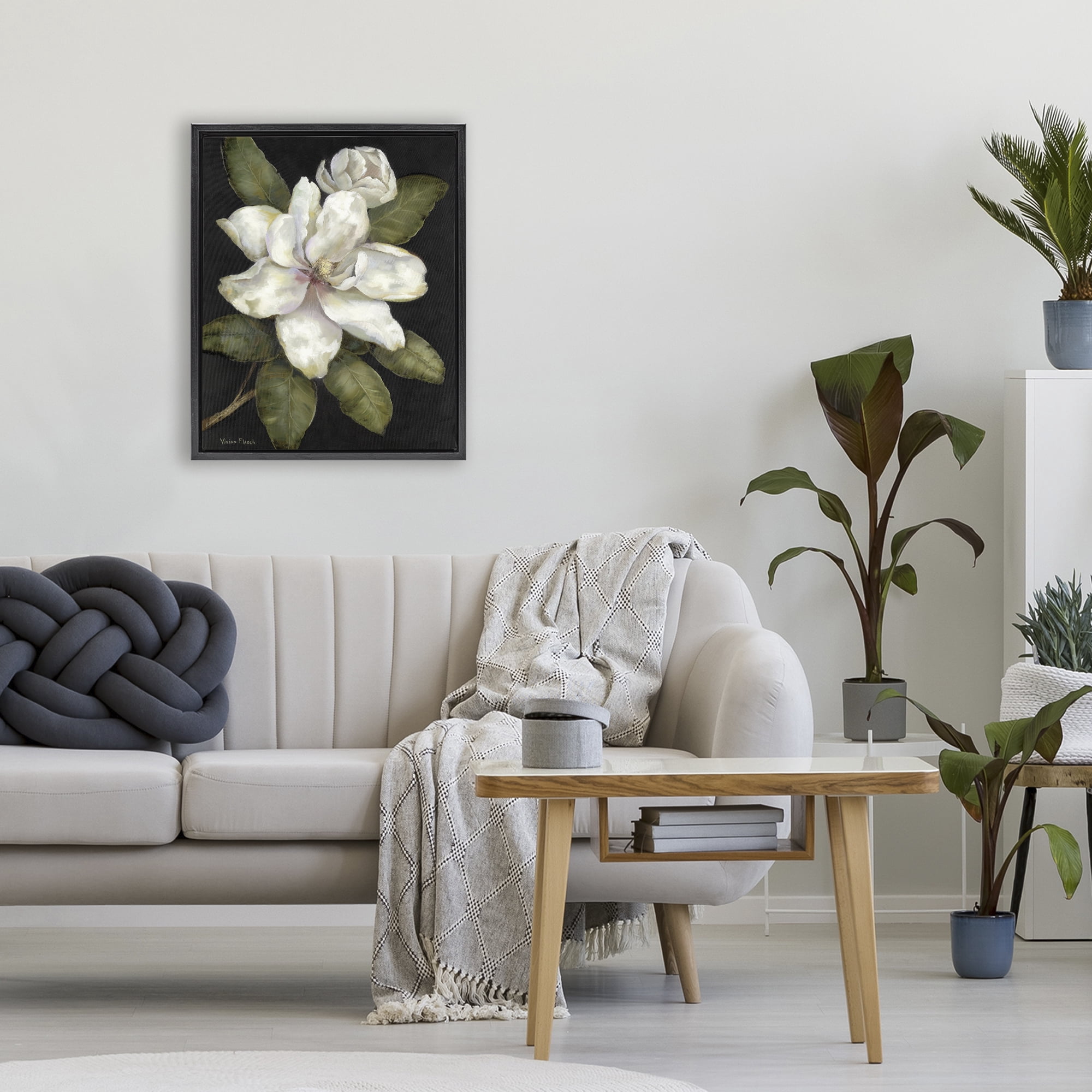 Stupell Industries Budding Magnolia Blooms Black Framed Floater Canvas Wall Art, design by Nan