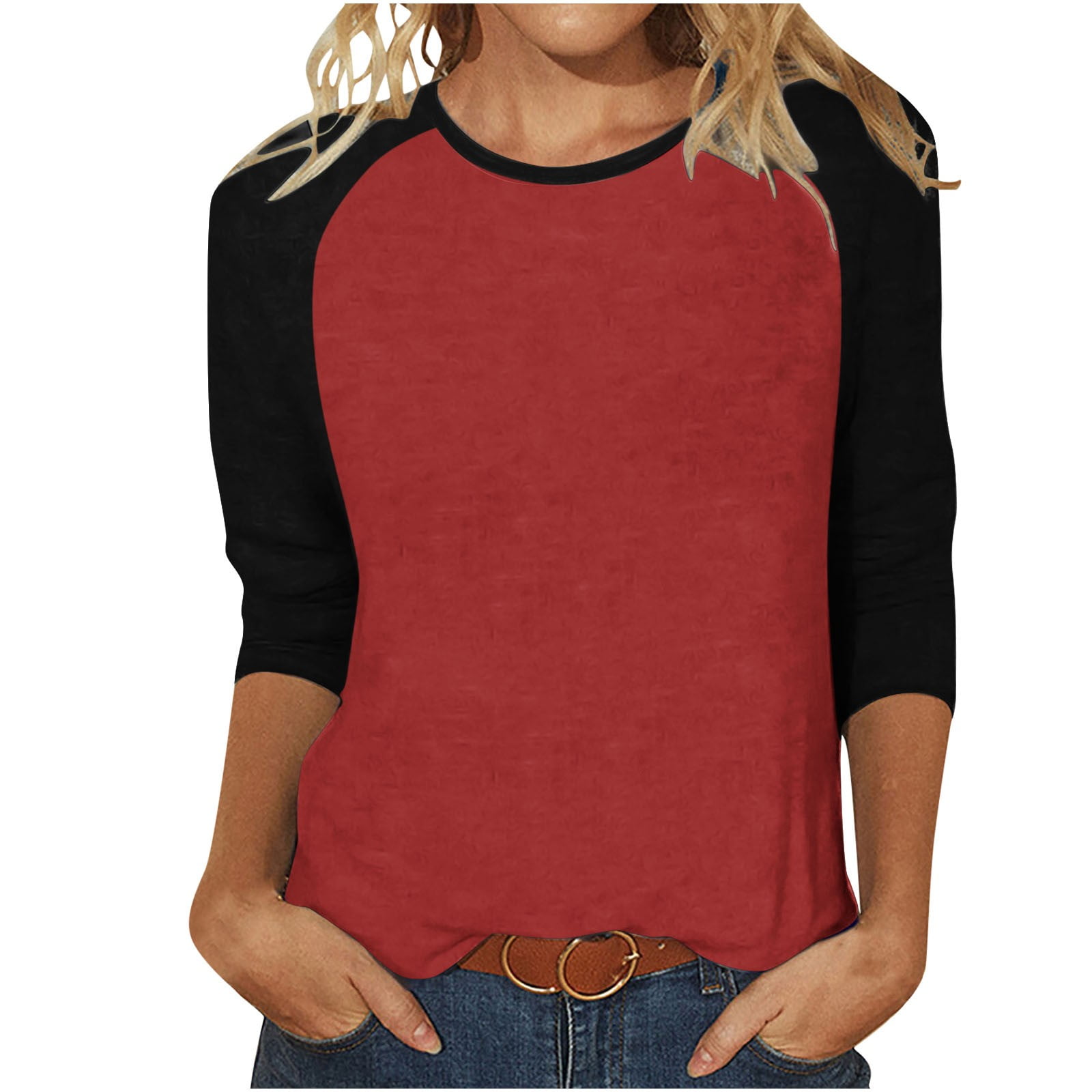 Htigea Women's Raglan 3/4 Sleeve Tshirts Patchwork Crewneck