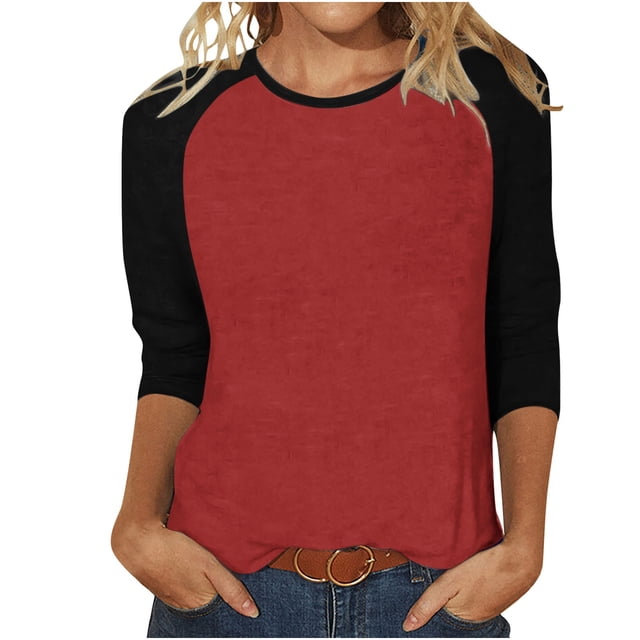 Fanxing T-Shirts de Baseball à Manches Raglan pour Femmes Été Décontracté Manches 3/4 Hauts Coupe Ample Chandail Col Rond Colorblock Blouse Vin, m Femme