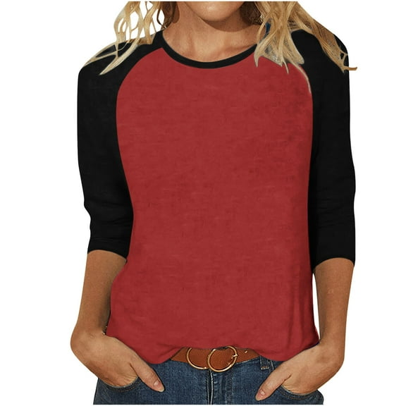 Htigea Women's Raglan 3/4 Sleeve Tshirts Patchwork Crewneck Pullover Tops Trendy Baseball Sport Tees Wine,S