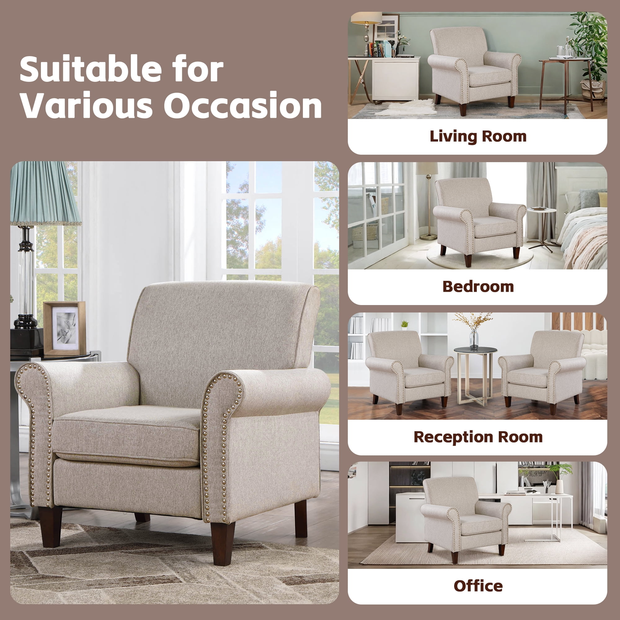 TrumanPick Mid-Century Accent Chair Single Sofa Reading Chairs Comfy Arm Chair Living Room Lounge Chiar, Beige