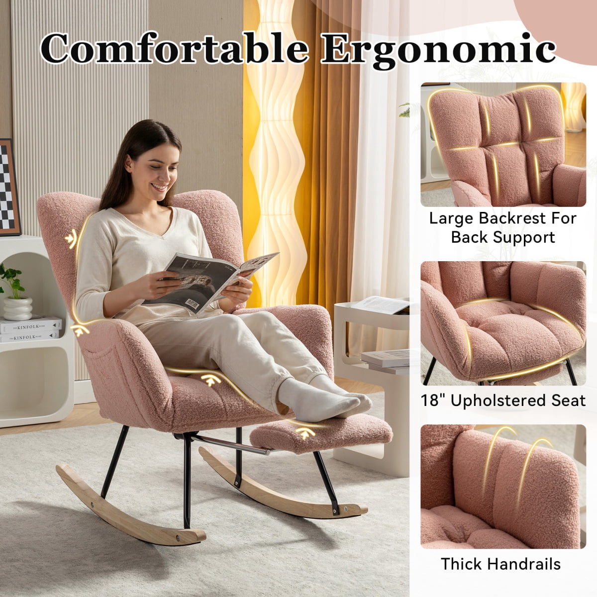 Nursery Rocking Chair Modern Armchair Upholstered Glider Rocking Chair Accent Chair with Retractable Footrest Reading Chair with High Backrest Solid Wood Base for Bedroom, White, Teddy