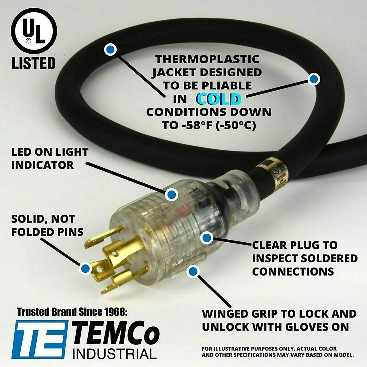 TEMCo 50 ft Extreme Cold Weather Generator Extension Cord L14-30 30 Amp Yellow