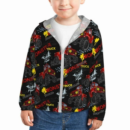 

Sun Hoodie for Kids Monster Truck Long Sleeve Swim Fishing Shirts Sun Protection Zip Up Jacket Clothing Athletic Hoodie
