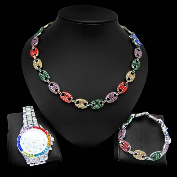 Hip hop set icedout puff mariner necklace bracelet colors stones watch Silver color gold Plated #206